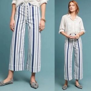 Anthropologie Blue Striped High Waisted Wide Leg Cropped Capitaine Pants Size 6
